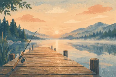 Peaceful Fishing Rod at Sunrise Dock
