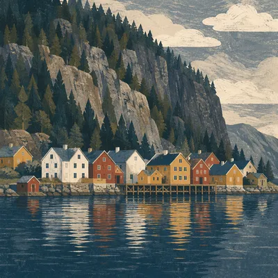 Serene Nordic Fjord Village Under Cliffs