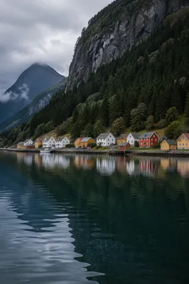 Serene Nordic Fjord Village Beneath Cliffs
