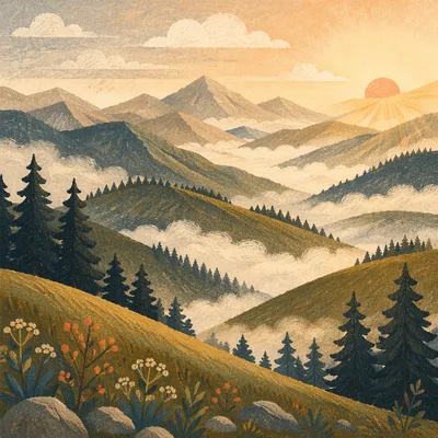 Morning Fog Over Layered Mountain Ridges