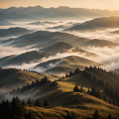 Morning Fog Over Layered Mountain Ridges