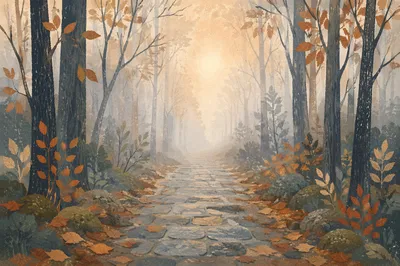 Foggy Forest Path at Peaceful Sunrise