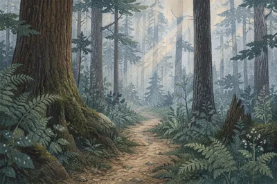 Foggy Forest Path at Peaceful Dawn