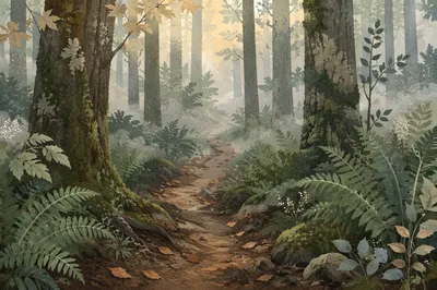 Peaceful Foggy Forest Path at Dawn