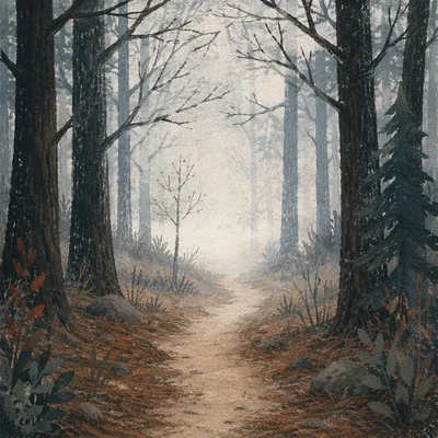 Foggy Dawn Forest Path in Mist