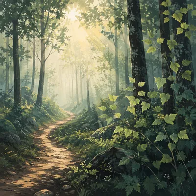 Foggy Morning Forest Path at Dawn