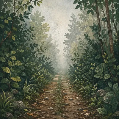 Foggy Morning Forest Path at Dawn