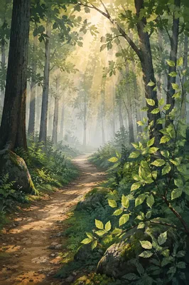 Misty Forest Path at Golden Dawn