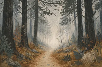 Foggy Morning Forest Path at Dawn