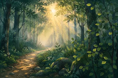Foggy Morning Forest Path at Dawn