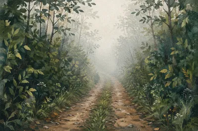 Foggy Morning Forest Path in Mist