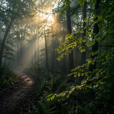 Foggy Morning Forest Path at Dawn