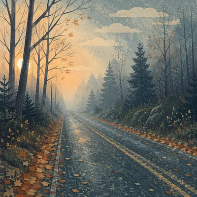 Foggy Morning Road Through Silent Trees