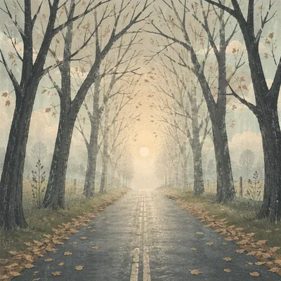 Foggy Country Road Beneath Bare Trees