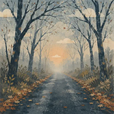 Foggy Morning Road Beneath Bare Trees