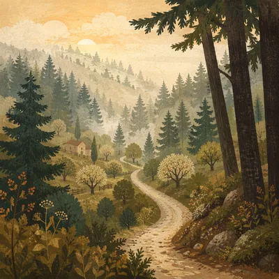 Foggy Morning Road Through Pine Forest