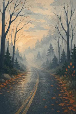 Foggy Morning Road Through Silent Trees