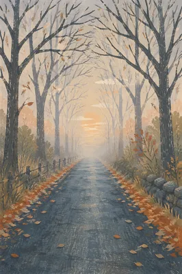 Misty Rural Road Beneath Bare Trees