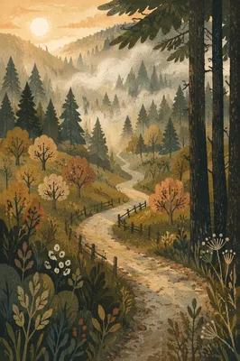 Foggy Morning Forest Road in Golden Light
