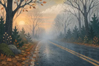 Misty Country Road at Dawn