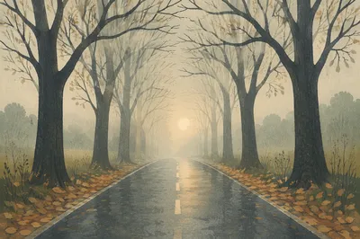 Foggy Country Road Beneath Bare Trees