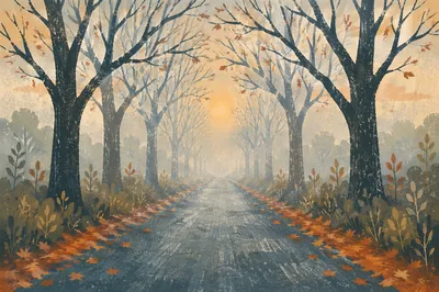 Misty Rural Road Beneath Bare Trees