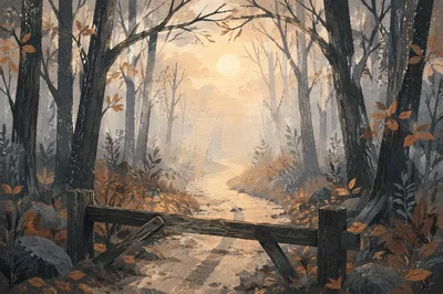 Misty Forest Road at Sunrise