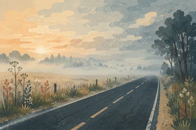 Mysterious Foggy Morning Road Through Trees