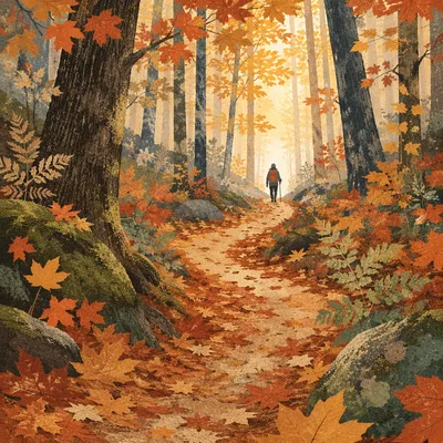 Autumn Forest Trail with Golden Morning Mist