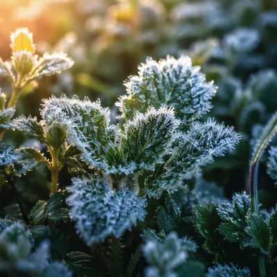 Frosted Green Leaves in Winter Macro