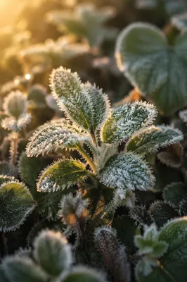 Frosted Green Leaves in Winter Macro