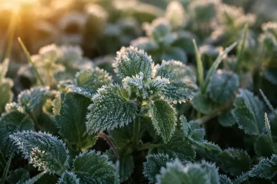 Golden Frost on Winter Green Leaves