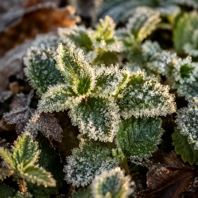 Frosted Green Leaves in Winter Macro