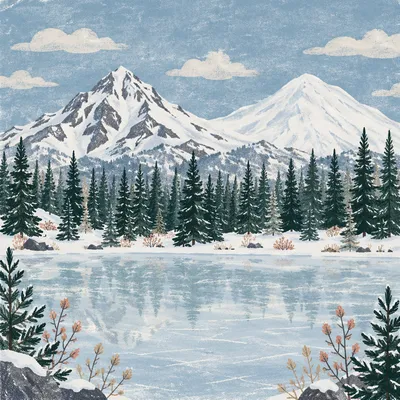 Frozen Alpine Lake and Snowy Mountain Reflection