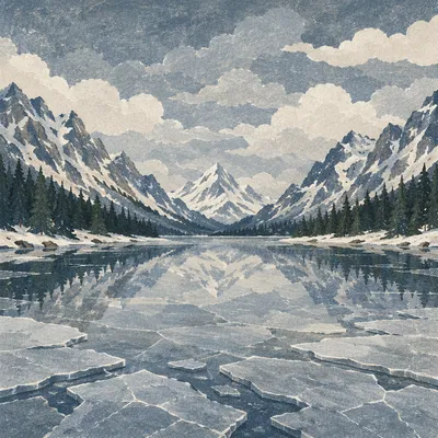 Frozen Alpine Lake and Snowy Mountain Reflection