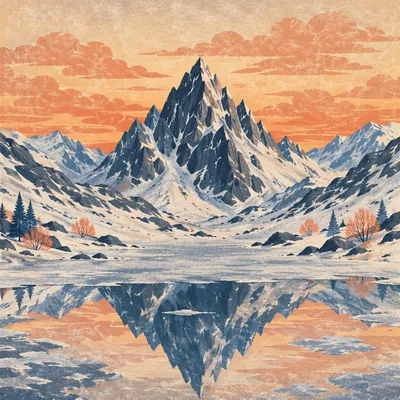 Frozen Alpine Lake at Sunset Reflection
