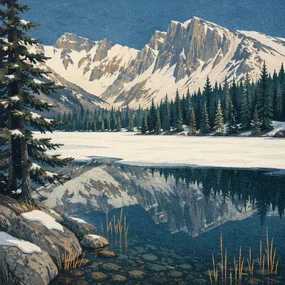 Frozen Alpine Lake with Snowy Mountain Reflection