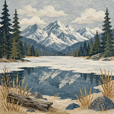 Frozen Alpine Lake with Mountain Reflection