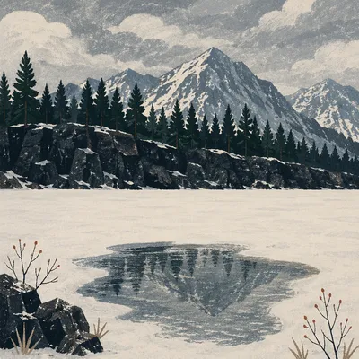 Frozen Alpine Lake and Snowy Mountain Reflection