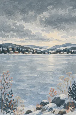 Frozen Lake Beneath Snowy Mountain Sky