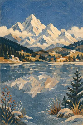 Frozen Alpine Lake with Mountain Reflections