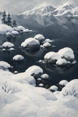 Frozen Alpine Lake with Snowy Mountain Reflections
