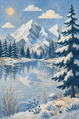 Frozen Alpine Lake with Snowy Mountain Reflections