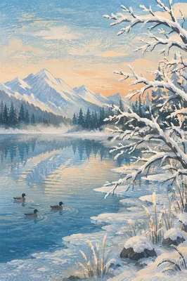 Frozen Mountain Lake at Serene Dawn