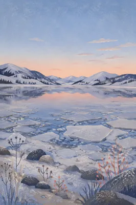 Frozen Lake at Dusk with Mountain Reflections