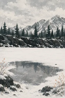 Frozen Alpine Lake and Snowy Mountain Reflection