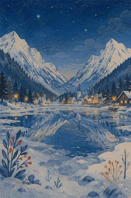 Frozen Alpine Lake at Blue Hour