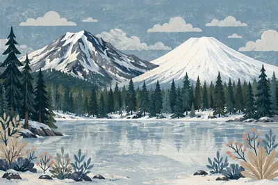 Frozen Alpine Lake and Snowy Mountain Reflections