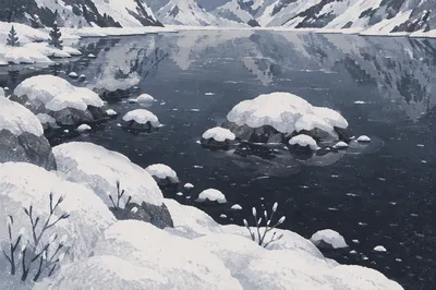 Frozen Alpine Lake and Snowy Mountain Reflections