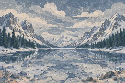 Frozen Alpine Lake with Mountain Reflections